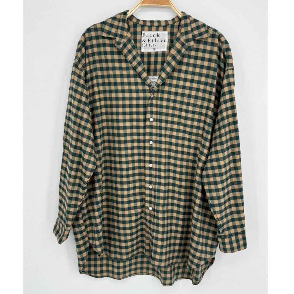 Frank & Eileen Shirley Oversized Button Up Shirt Medium Green Tan Gingham Plaid - Picture 2 of 11